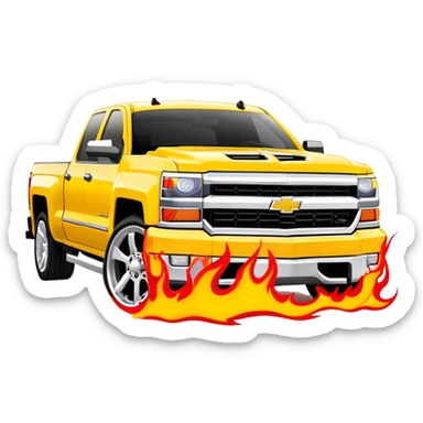 Yellow Chevrolet Silverado with custom red flame artwork specifically on the front bumper, hood remains plain yellow, authentic Kill Bill truck design, 30-degree angle, iOS emoji style sticker