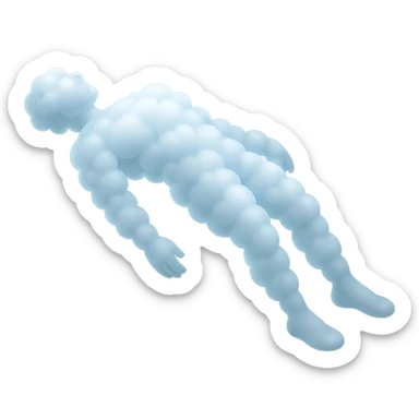 side view of unconscious person flying torso up, arms and legs down, made of small white fluffy clouds, matte glass style sticker
