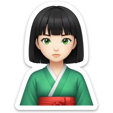 Japanese girl with short black hair and bangs, wearing a Jirai Kei outfit, green eyes sticker