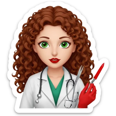 Lilith scalpel sexy evil woman. She has green eyes.  had brown long curly hair.  evil surgeon kills holding scalpel.  wears sexy doctor coat with red gloves. Covers nose, neck  and mouth with Muslim red berka sticker