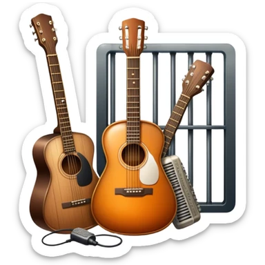 Icon for Chanson Music: A microphone with a whiskey bottle and a guitar, representing Russian chanson, surrounded by symbolic elements like prison bars, traditional acoustic instruments, and urban vibes. Transparent background. sticker
