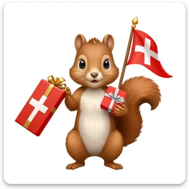 a squirrel holding a red gift box in one hand and a Swiss flag in the other, both objects clearly visible, simple white background sticker