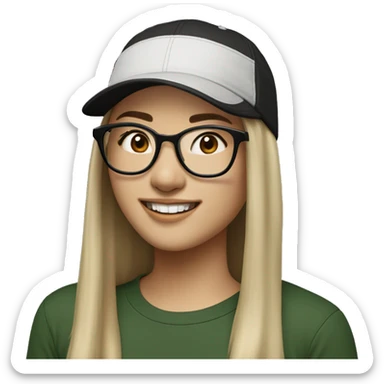 Hyper realistic, look from side, asian adult woman, light white skin, smiling with teeth, black eyes, spotted frame glasses, long light brown straight hair, black T-shirt, dark green cap. sticker