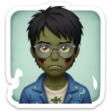 Boy, zombie, black hair, medium long, emo, shaggy, dark, spooky, creepy expression emoji, add transparent glasses, a risk on the eyebrow, some tattos sticker
