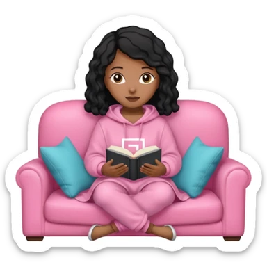 Una chica linda de cabello negro con ondas hasta los hombros de piel blanca con una sudadera rosa en un sofá cómodo y hermoso leyendo la biblia sticker