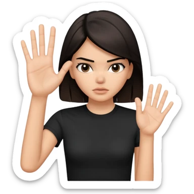 kendall jenner looking anoyed and showing her palm which is small signalising stop sticker