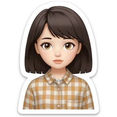 A fair, neutral-toned girl with dark brown layered hair (medium length, curtain bangs) and almond-shaped brown eyes. Doll-like makeup with soft brows, manhwa lashes, and normal lips. Oval face. Wearing an off-white checkered shirt, baggy pants, and minimal silver jewelry. sticker