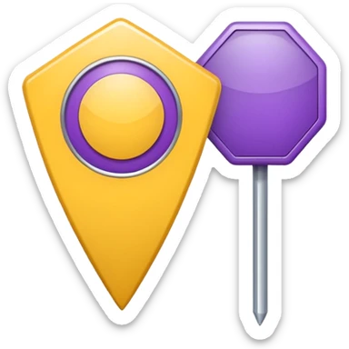 simple, minimalistic yellow (hex#FFD008) and purple (hex#8C52FF) icons of a pin location (round top and sharp bottom) sticker