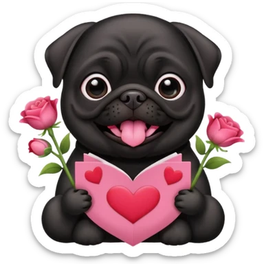 black pug holding valentine’s day card and flowers sticker