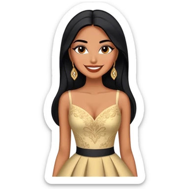 beautiful fit tall woman, with long straight black hair, with make up, black eye liner, smile mooth close, mexican, brown skin, wearing beautiful couture outfit, flirting sticker