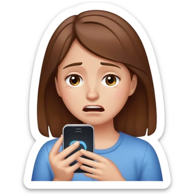 Girl with brown hair crying holding phone sticker