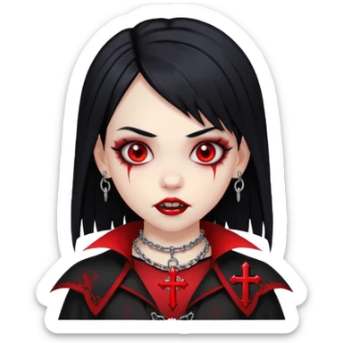 a girl with a very light skin,red eyes,fangs like vampire,black hair with red mesh,with goth clothes and a chain with a cross on it sticker