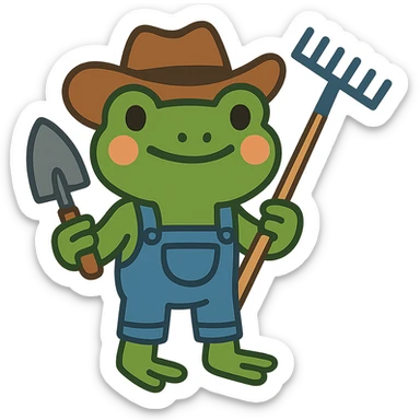 flat toon style frog in cowboy hat and denim overalls, holding gardening tools sticker