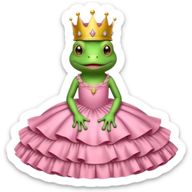 Brown bed with white sheets and a pink comforter.  In the bed sits a frog in a frilly little pink dress, wearing a crown and sitting like a frog would normally sit. sticker