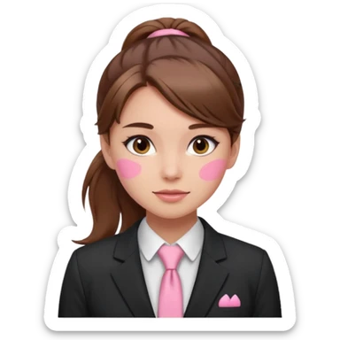girl with brown hair in a ponytail in the middle with pink blush on her face and a suit sticker