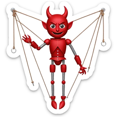 3D render of Devil Puppet as a wooden marionette puppet, Red painted wood, strings, silver metal screw joints at elbows and knees, polished brown wood texture, rigid toy pose, emoji style, isolated on white background --v 6.0. sticker