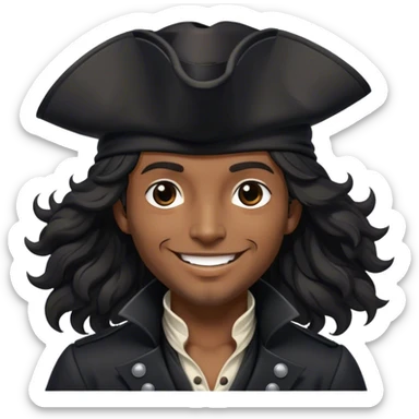 A charismatic pirate with wavy black hair, wearing a black tricorn hat and a sleek black coat with silver buttons, smiling confidently. sticker