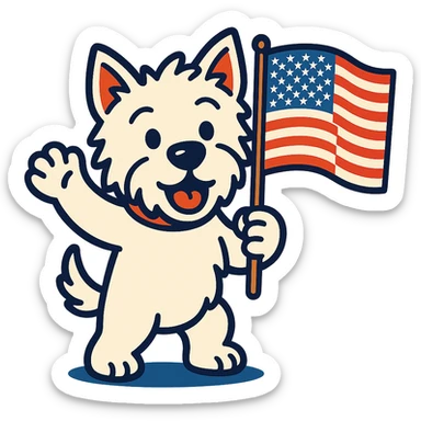 Westie dog waving a US flag, vibrant cartoon style, not photorealistic sticker