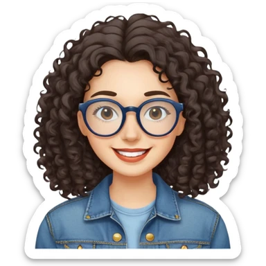 Mujer caucasian, cara redonda, gafas grandes rectangulares, cejas delgadas, pelo oscuro rizado largo. Sonrisa amplia, expresión feliz. Chaqueta de mahón. sticker