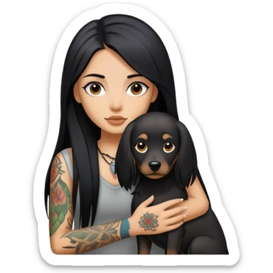 girl with long black straight hair and tattoos and Black long haired dog sticker