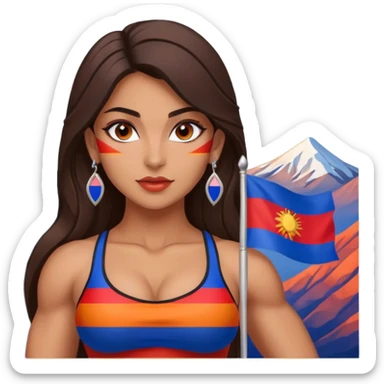 sexy and muscled, full body, brown skin Armenian caucasian girl, sexy Armenian girl, beautiful eyes, makeup, earrings, muscled, surrounded by mountains, Flag of Armenia - red, blue and orange stripes sticker