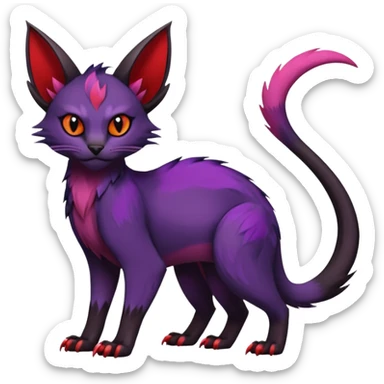 Black edgy Noivern-Noibat-Purloin-Torracat-Lykoi-Caracal-cat-Fakemon-fusion-hybrid-creature with violet and red scale markings sticker