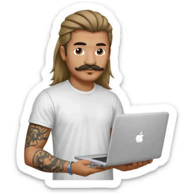 A DEVELOPER WITH A laptop, USING t-shirt, long hair,mullets style, mustache, tattoo, piercing sticker