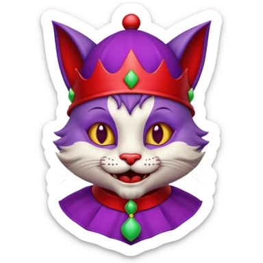 crazy colorful cute little cat jolly joker from poker, medieval, vintage, court jester, mac os icon, purple and red color, half body sticker