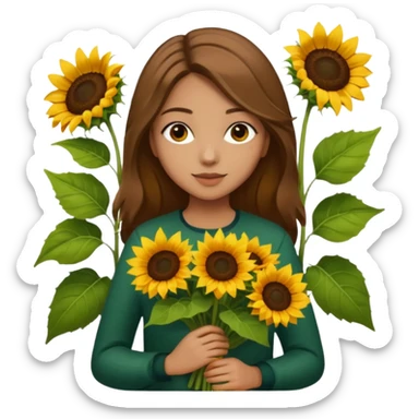 She appears to be a young woman with medium-length light brown hair that falls naturally past her shoulders. 
 In her hands, she holds a bouquet of bright yellow sunflowers with large green leaves, which stand out vividly against her dark clothing and the dark tiled wall behind her. sticker