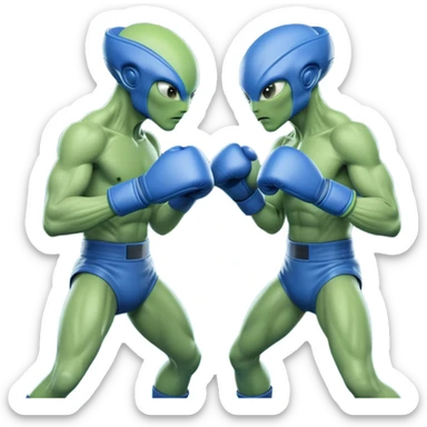 two aliens boxing in a fight stance, facing each other with raised gloves, dynamic action pose, intense expressions, sci-fi arena vibe, 3D cartoon style, mobile game icon style, clean background, no text, no watermark
 sticker