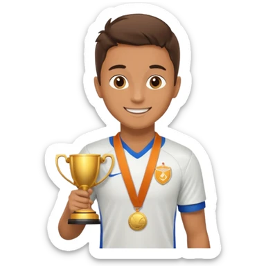 Happy light soccer player with a first-place medal and a trophy
 sticker