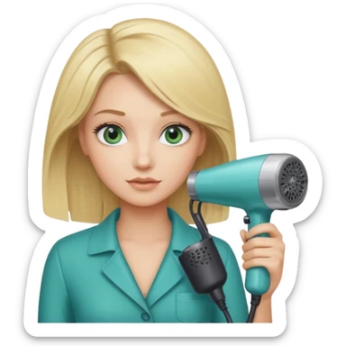 Blonde bob girl hair stylist with blue green eyes holding a hair dryer sticker