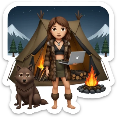 a NEANDERTHAL WOMAN WITH BROWN HAIR STANDING BY A FIRE AND TENT WITH BLACK WOLF HALTER TOP AND A LAPTOP AND FUR COAT sticker