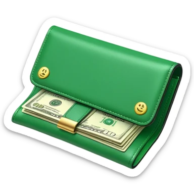 Rich emoji style green leather wallet with dollar bills, luxury money vibe, premium 3D emoji, ultra clean, high detail, no background sticker