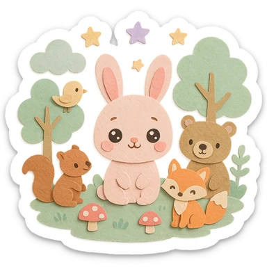 soft kawaii forest scene with fluffy pastel bunny (round baby face, big sparkling eyes, pink blush), surrounded by cute squirrel, bear, fox, and bird, in a soft pastel green forest with soft clouds, dreamy pastel stars, mushrooms, hand-crafted paper texture, soft pastel tones, high resolution sticker