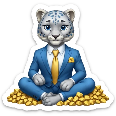 muscular snow leopard in suit with blue tie sitting on pile of gold nuggets sticker