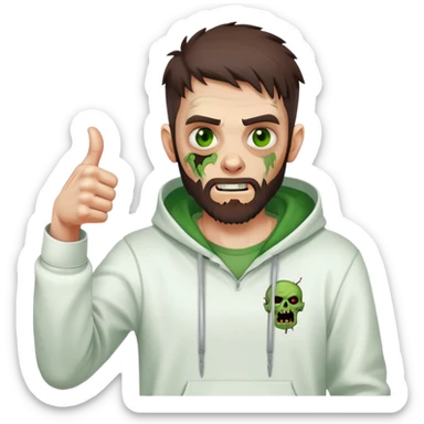 zombie with thumbs up gesture, undercut hairstyle with dark brown hair, short full beard, green eyes, wearing plain white hoodie sticker