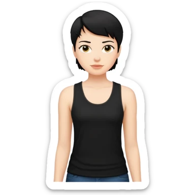 a white woman with short tomboy black hair wearing men's black tank top sticker