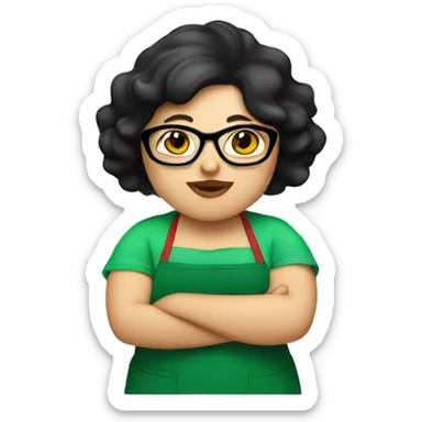 chubby lady with black hair green apron  with glasses cooking tacos sticker