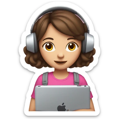 Brunette haired girl wearing pink cat headphones holding an ipad sticker