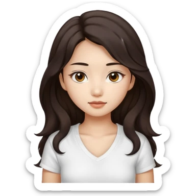 iOS style emoji. girl with very long dark brown wavy hair. And the eyes color is dark brown. And she is wearing white t shirt with V kneck. And she is 30. She is Asian with double eyelids  sticker