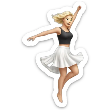 Hyperrealistic Full body Caucasian curvy beauty jumping short white skirt back and front views strong wind sticker