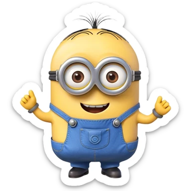 "Create a 3D emoji of Stuart the Minion with his one eye, blue overalls, and a playful grin. Make it vibrant, glossy, and fun!" sticker