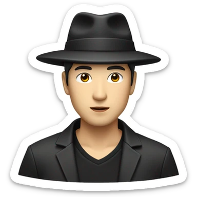 Japanese man with black hat with gold circle and rectangle on his hat with a black jacket with grey shirt and with black pants handsome sticker
