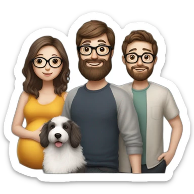 Hyperrealist Pregnant girl with half long brown hair with glasses, a boy with long beard, glasses and short hair and english sheepdog sticker