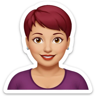 femme 40 ans, cheveux très court rouge foncé piercing sur le nez yeux marrons, surpoids sticker