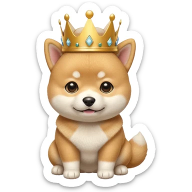 3 month old Shiba Inu puppy emoji, wearing small golden crown, cute royal expression, round body, soft fluffy fur, glossy eyes, bright pastel background, kawaii mascot style, centered composition, high quality render sticker