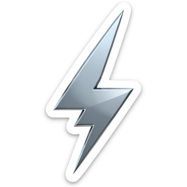A lightning bolt emoji made of polished silver chrome, sharp yet rounded edges, glossy metallic surface, soft reflections, minimal futuristic design, iOS emoji style, centered, clean white background sticker