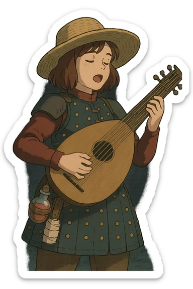 A female bard wearing brigandine armor with a sturdy straw hat, playing a fat lute and singing, night time shadows  , tool belt with red potion and bandages  sticker