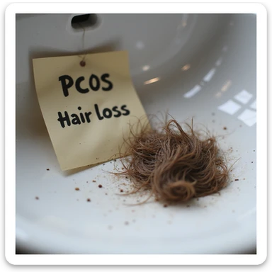 hyperrealistic 4K macro detail of a clump of fallen hair on a sink with a note next to it reading 'PCOS – Hair loss' in Italian sticker